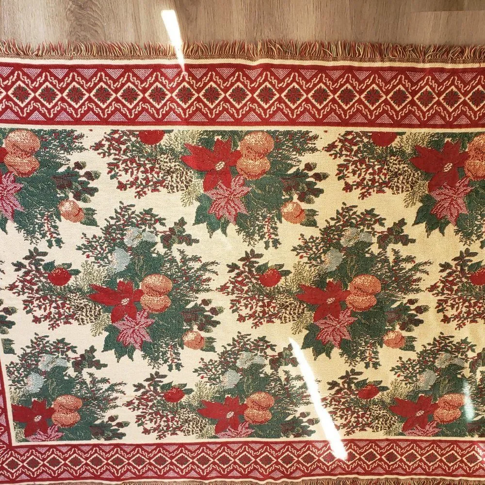 Poinsettia Woven Cotton Throw Sugar Plums Fringe Festive Holiday Blanket 44x62